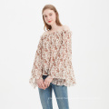 women fashion blouse with ruffle neck off-shoulder loose bell elegant floral chiffon blouse